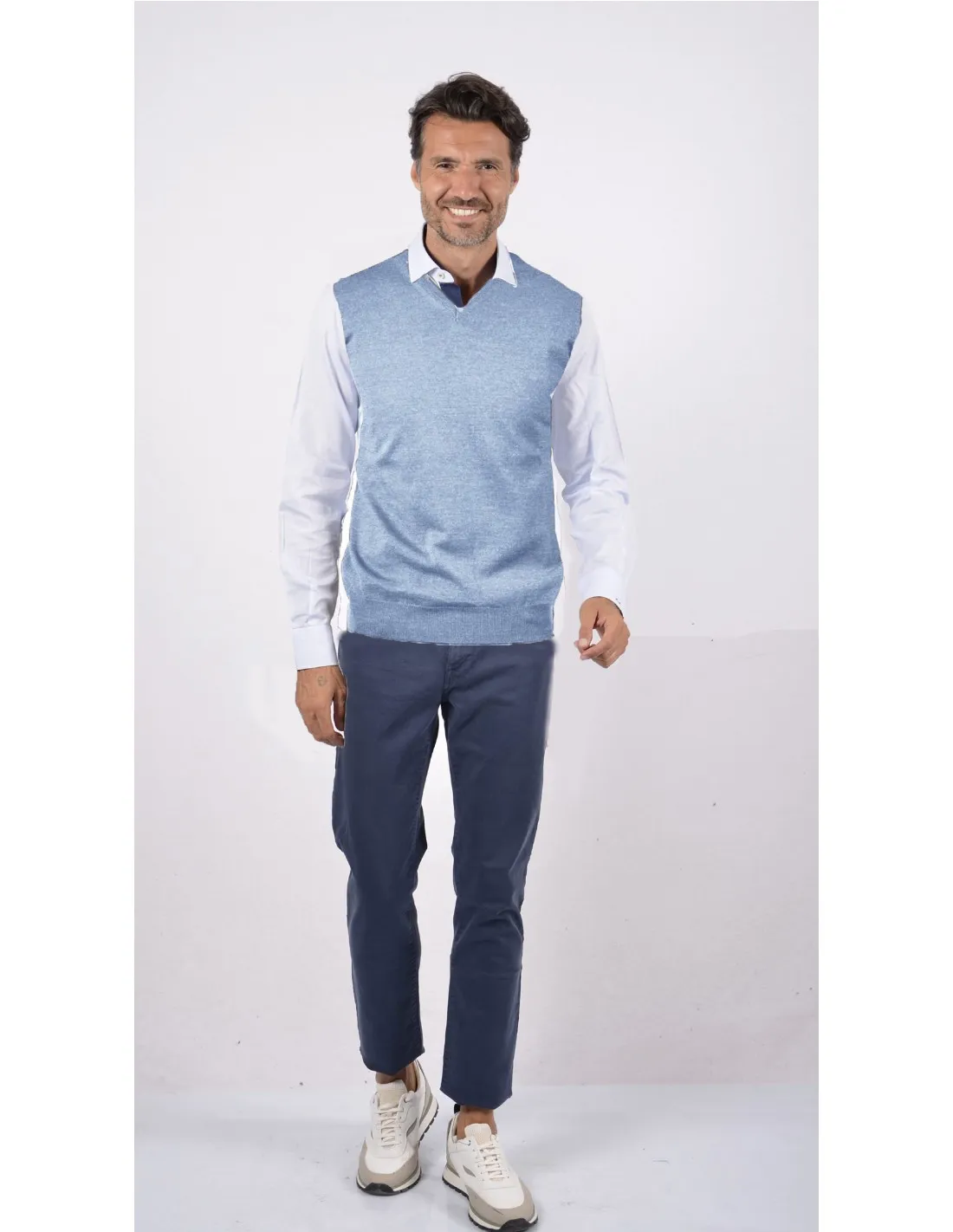 Maglia collo v mm gilet lana merino 4 stagioni azzurro