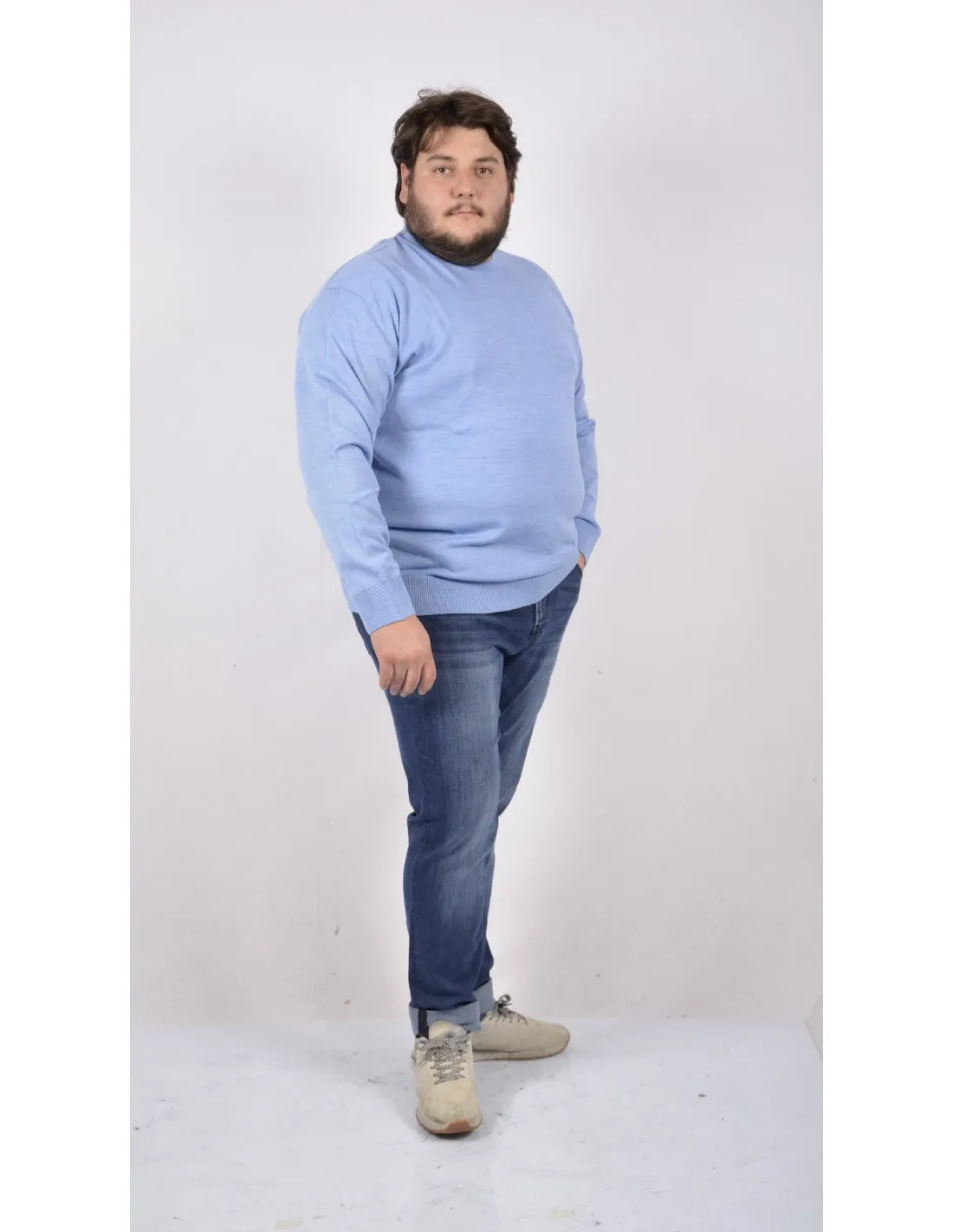 Maglia girocollo ml lana merino azzurro taglie forti 3xl-7xl