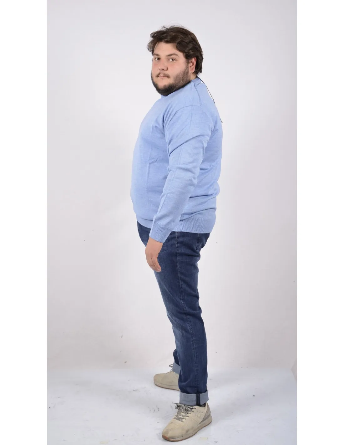 Maglia girocollo ml lana merino azzurro taglie forti 3xl-7xl