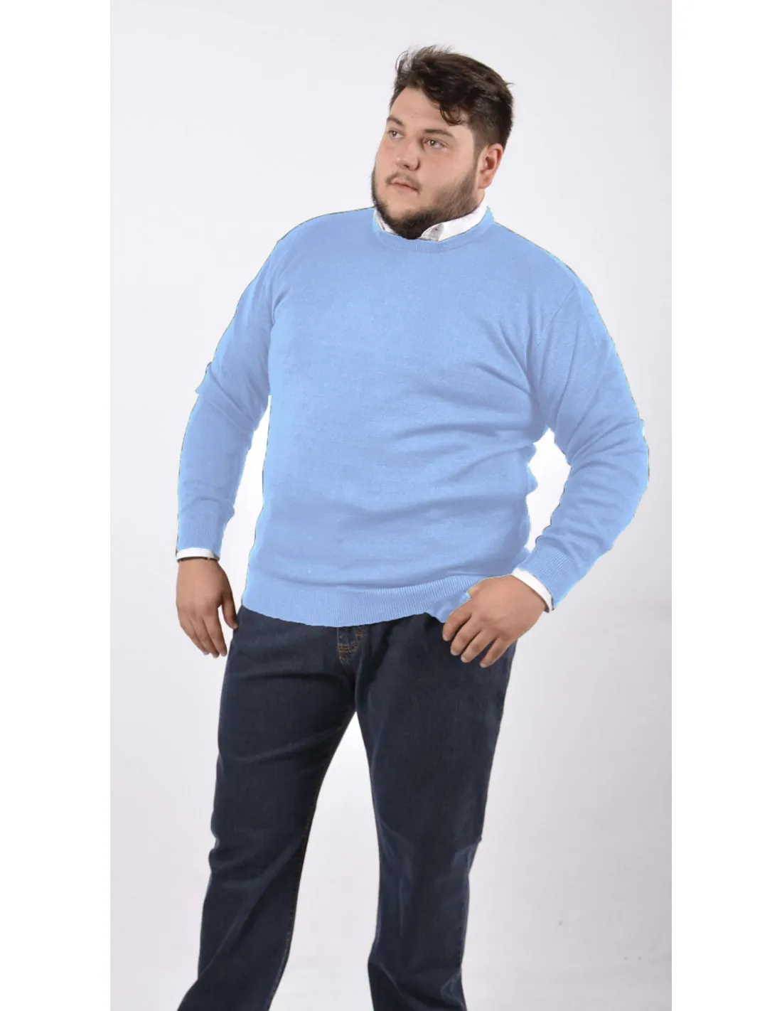 Maglia girocollo ml lana merino azzurro taglie forti 3xl-7xl
