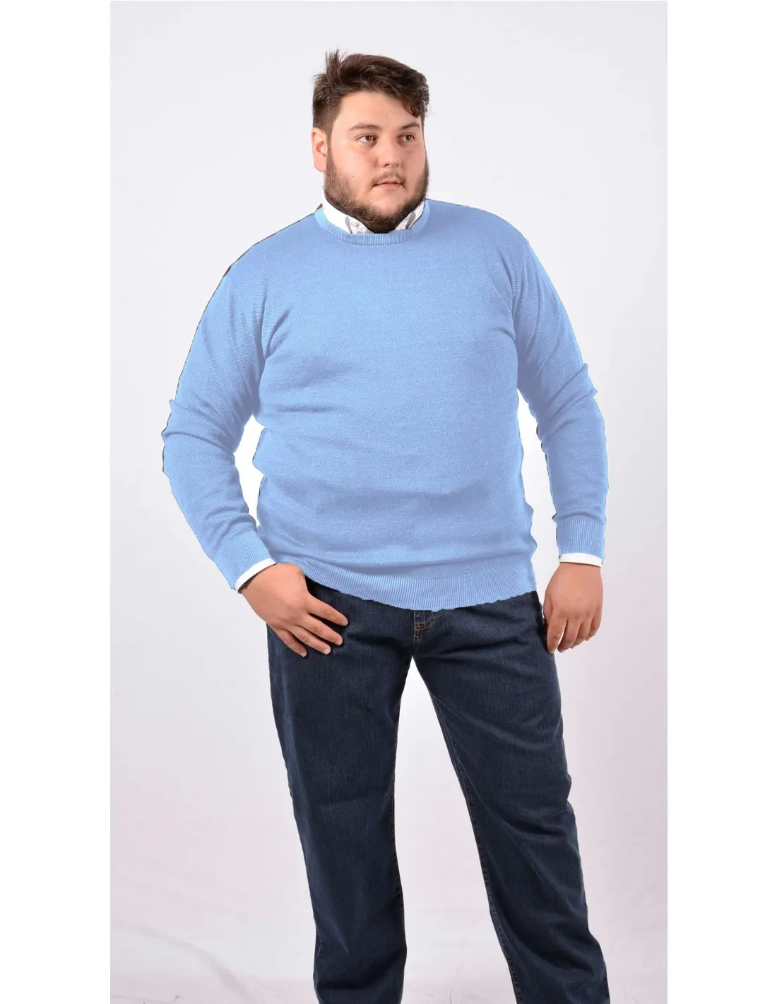 Maglia girocollo ml lana merino azzurro taglie forti 3xl-7xl
