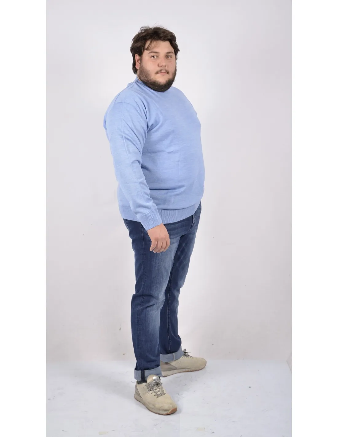 Maglia girocollo ml lana merino azzurro taglie forti 3xl-7xl
