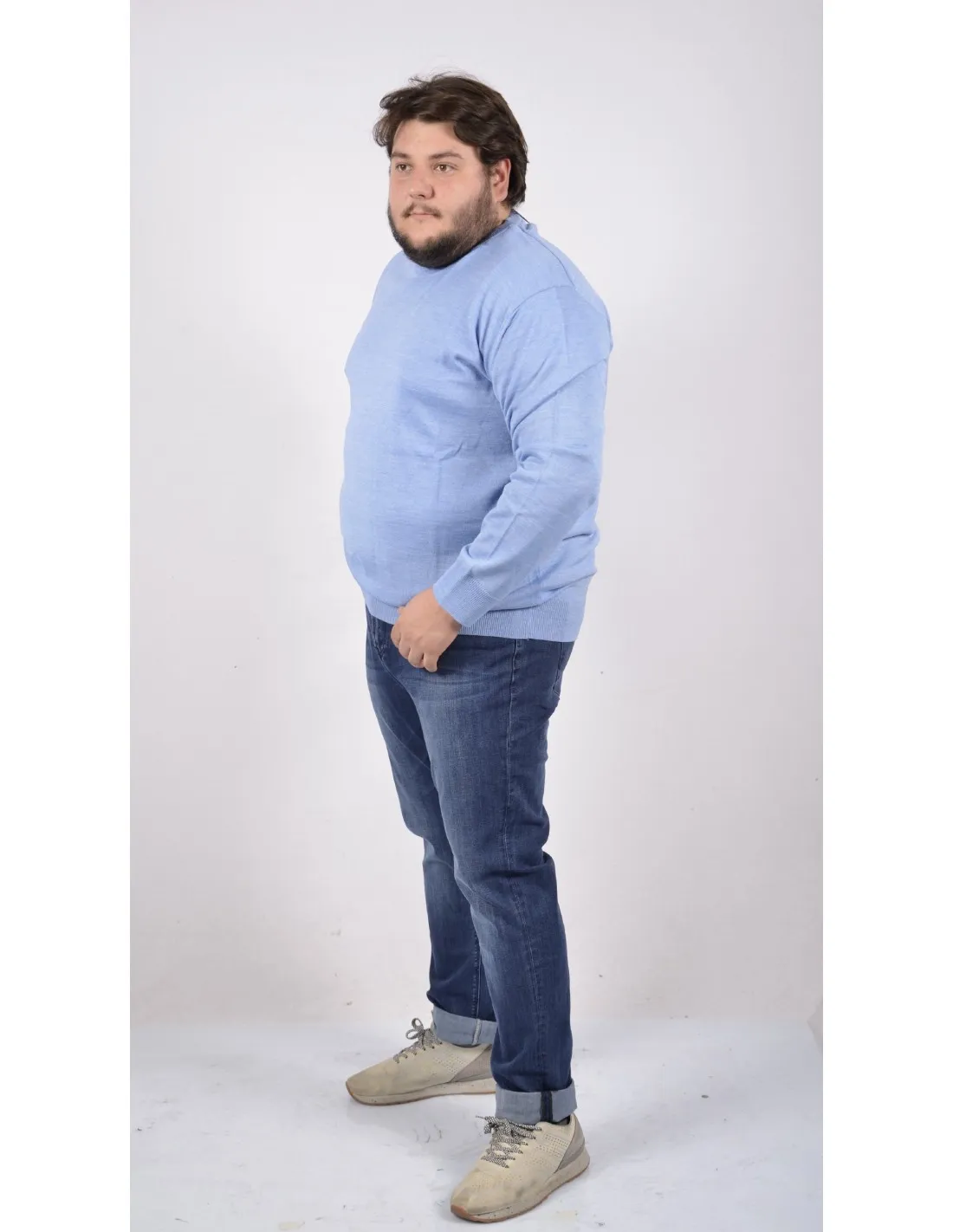 Maglia girocollo ml lana merino azzurro taglie forti 3xl-7xl