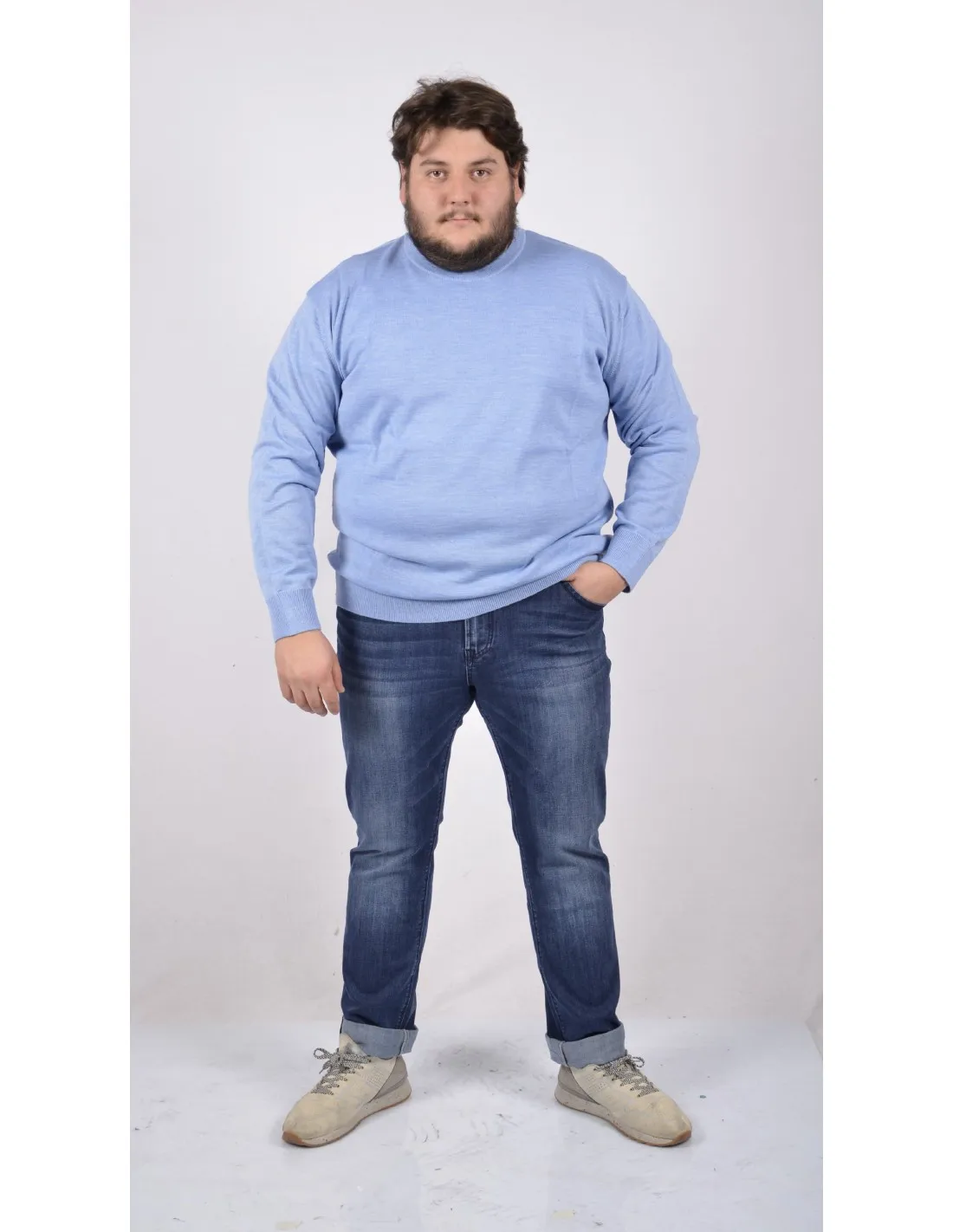 Maglia girocollo ml lana merino azzurro taglie forti 3xl-7xl