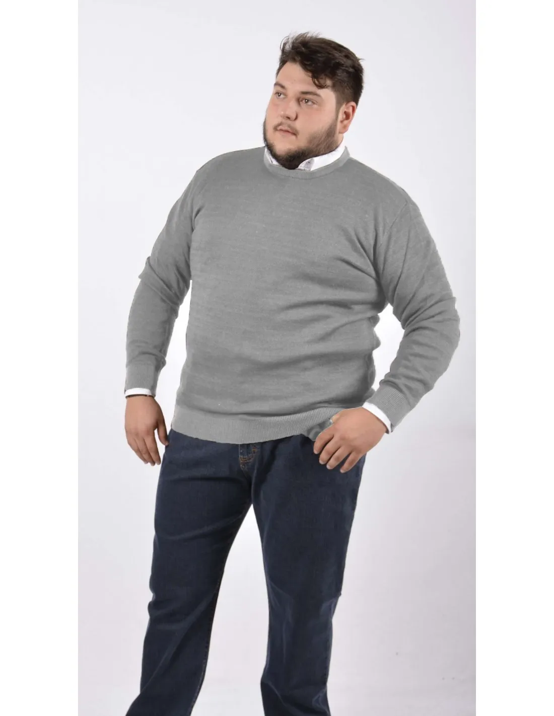 Maglia girocollo ml lana merino grigio chiaro taglie forti