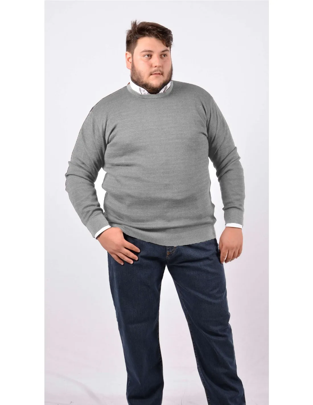 Maglia girocollo ml lana merino grigio chiaro taglie forti