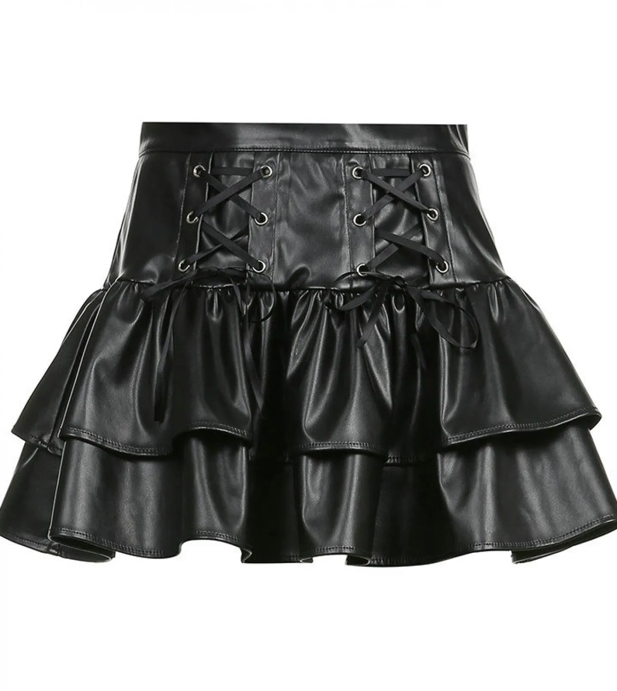 Minigonne in pelle PU stile punk Vita alta Fasciatura con lacci Gonna a pieghe nera Streetwear Ragazze Abiti da donna scuri