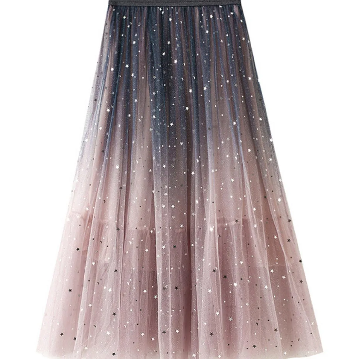 Moda 3 strati gonna a rete sfumata per le donne stile vita alta stelle paillettes gonne lunghe a pieghe Saias 2023 estate K2