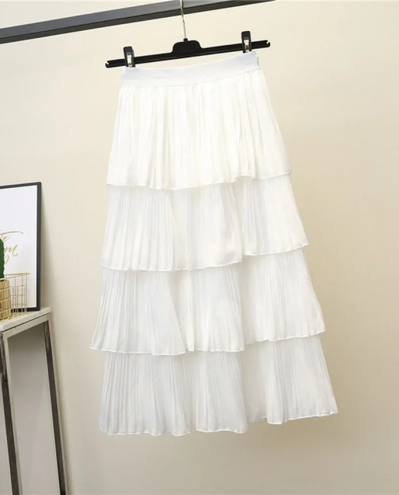 Moda elegante Ruffles Splicing Layered Cake Gonna 2022 Estate New Office Lady All Match Elastico a vita alta Pieghe alla cavigli