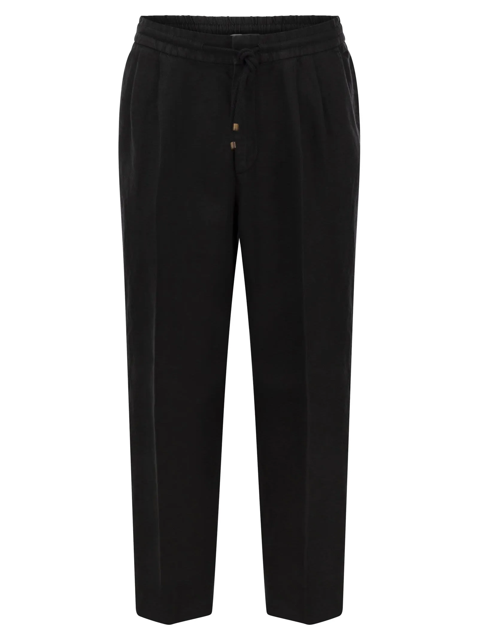 Pantalone leisure fit in gabardina di lino tinto capo con coulisse e doppia pince