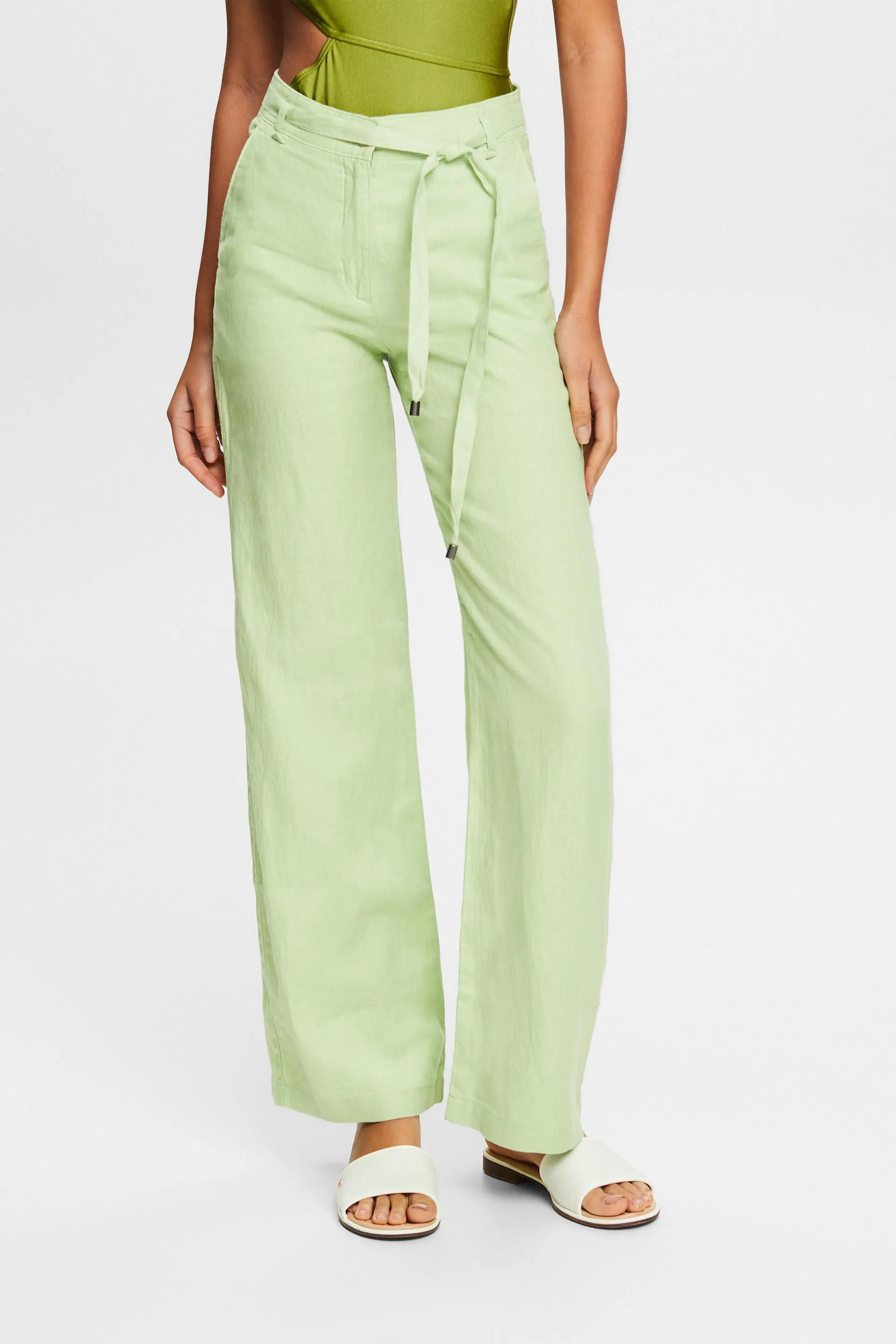 Pantaloni con cintura in lino a gamba larga