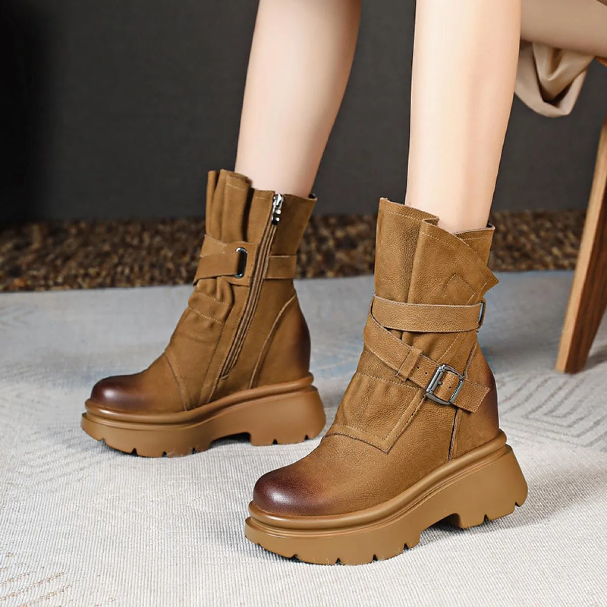 Retro stile britannico femminile nuova moda scarpe in vera pelle piattaforma tacchi alti donna stivali da moto casual a metà pol
