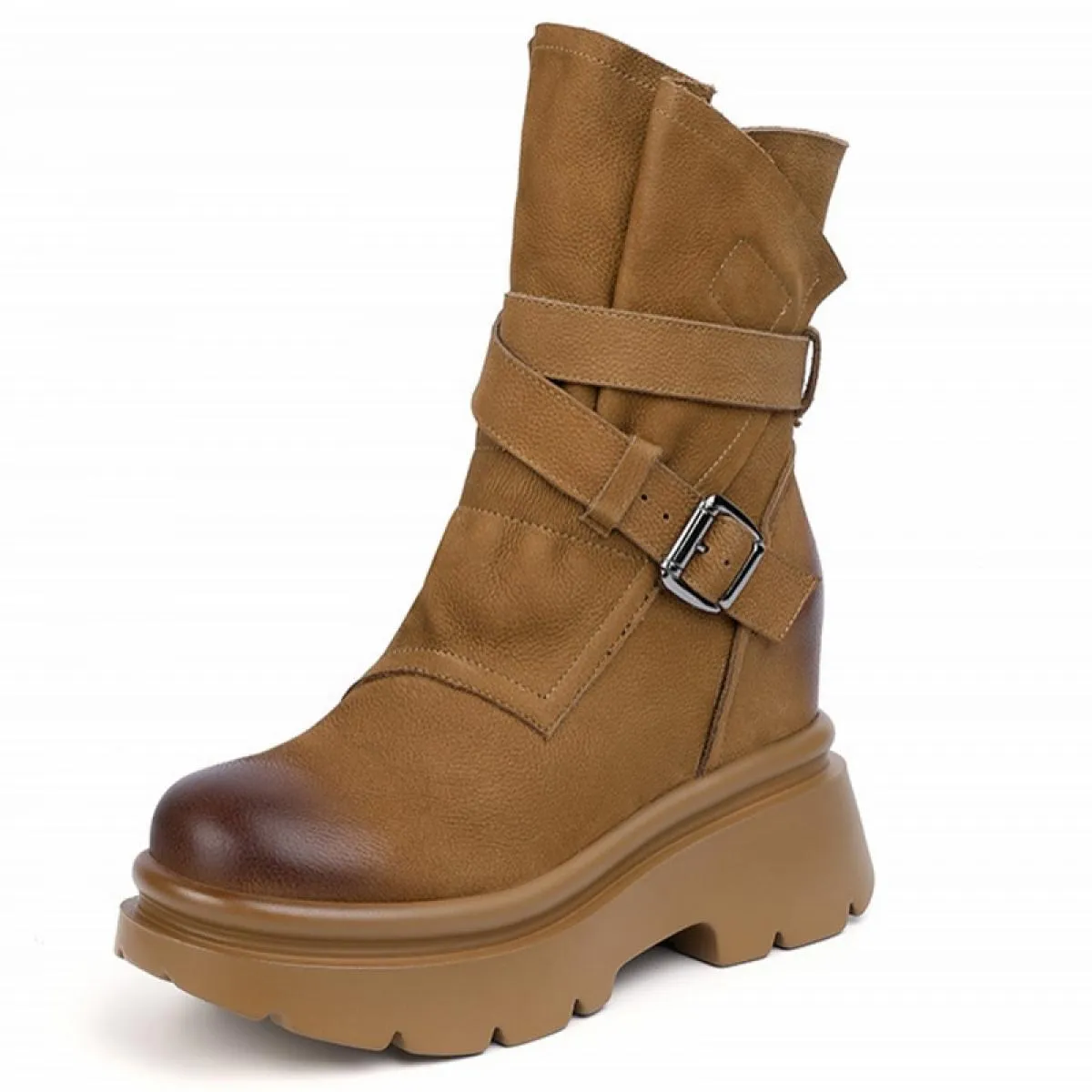 Retro stile britannico femminile nuova moda scarpe in vera pelle piattaforma tacchi alti donna stivali da moto casual a metà pol