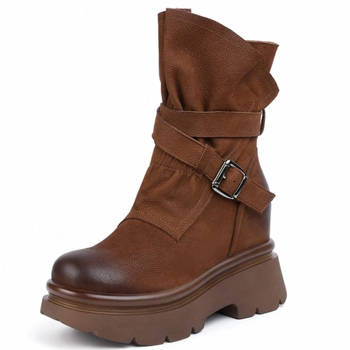 Retro stile britannico femminile nuova moda scarpe in vera pelle piattaforma tacchi alti donna stivali da moto casual a metà pol
