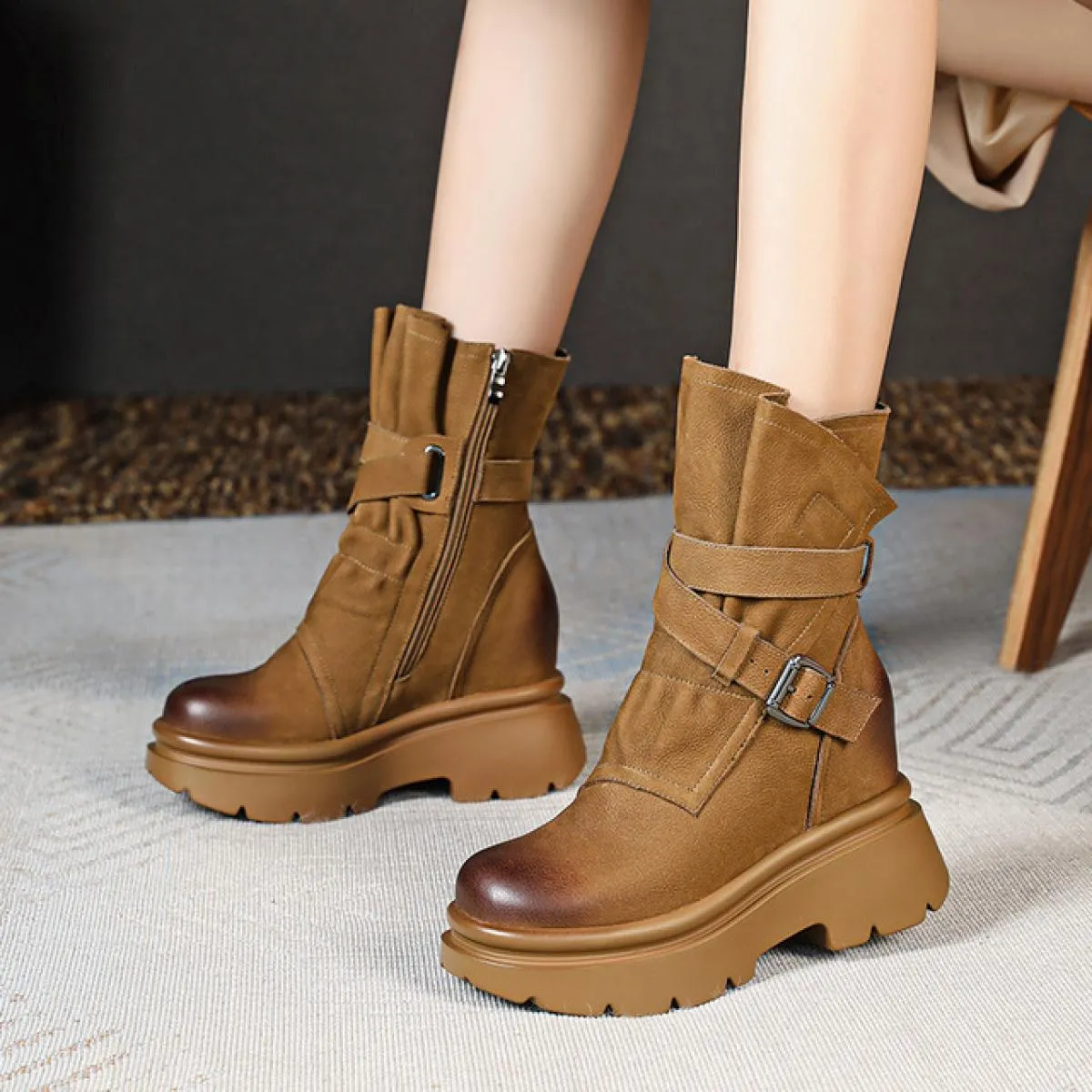 Retro stile britannico femminile nuova moda scarpe in vera pelle piattaforma tacchi alti donna stivali da moto casual a metà pol