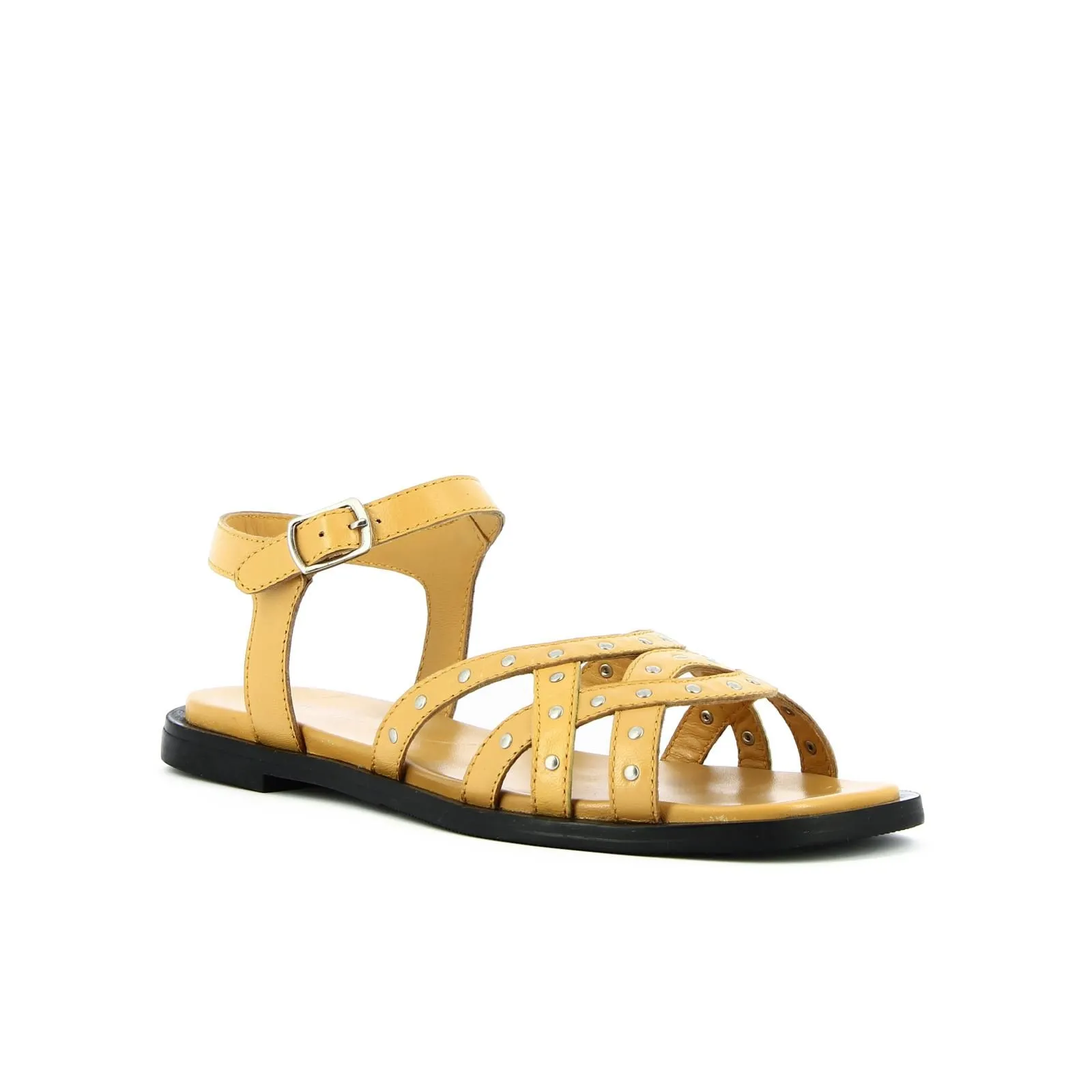 Sandali bassi gialli in pelle con borchie