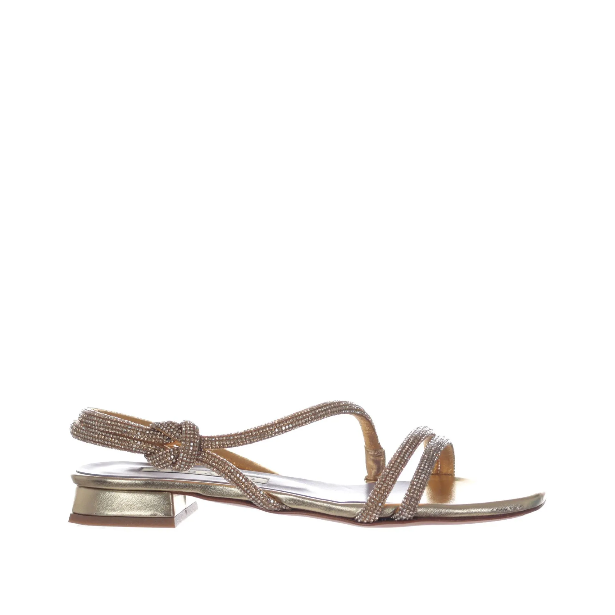 Sandali bassi in pelle metallizzata con strass