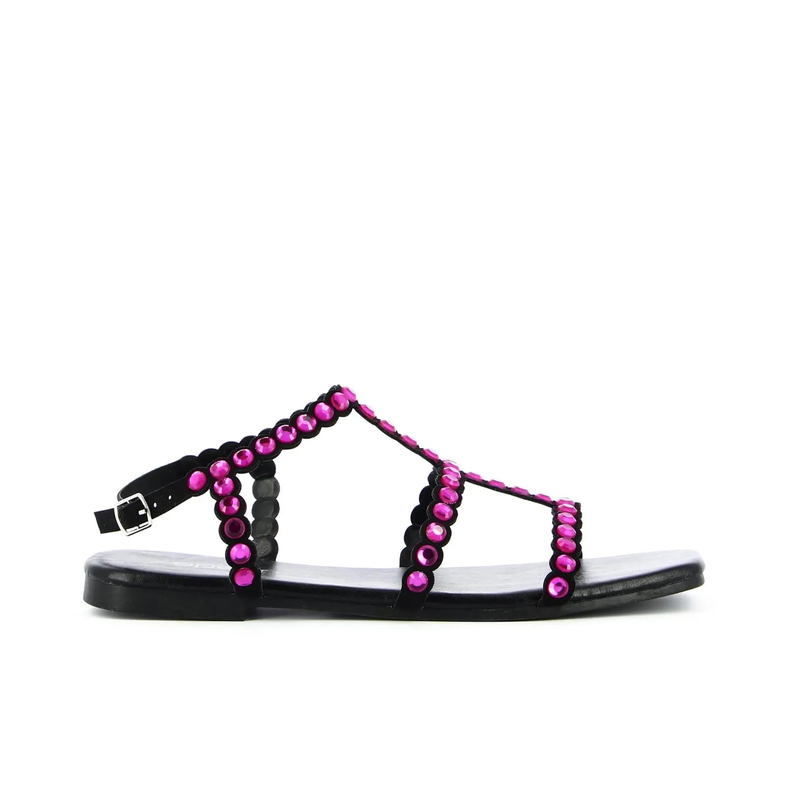 Sandali bassi neri con pietre fucsia