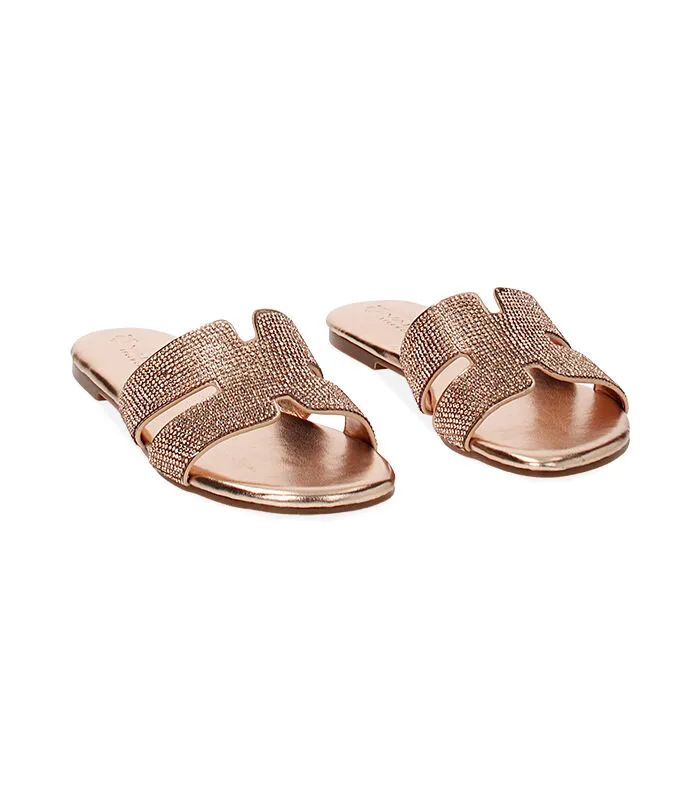 Sandali bassi oro-rosa in laminato con pietre