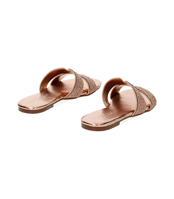 Sandali bassi oro-rosa in laminato con pietre