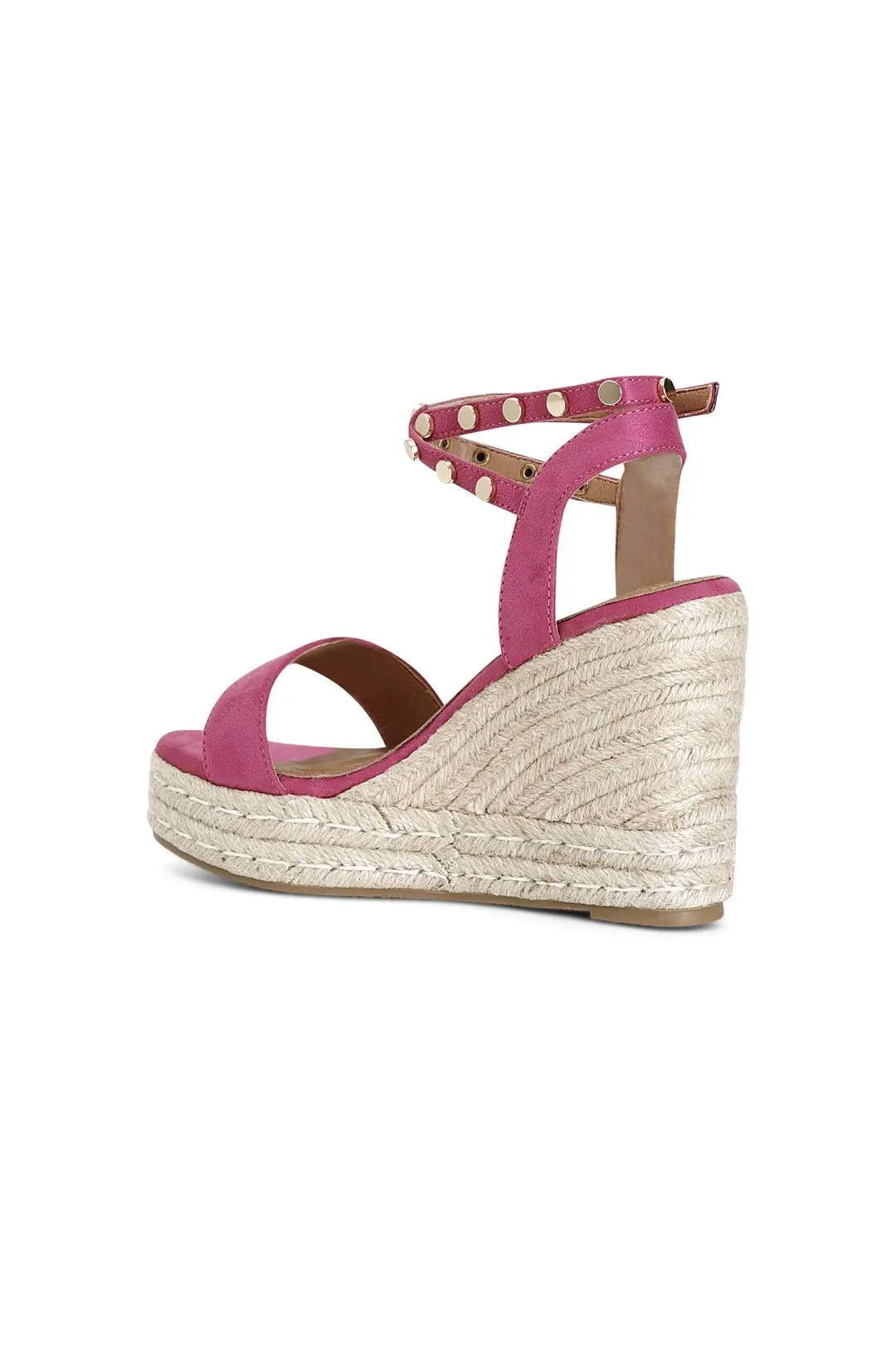 sandali in tessuto con borchie su zeppa corda fuxia