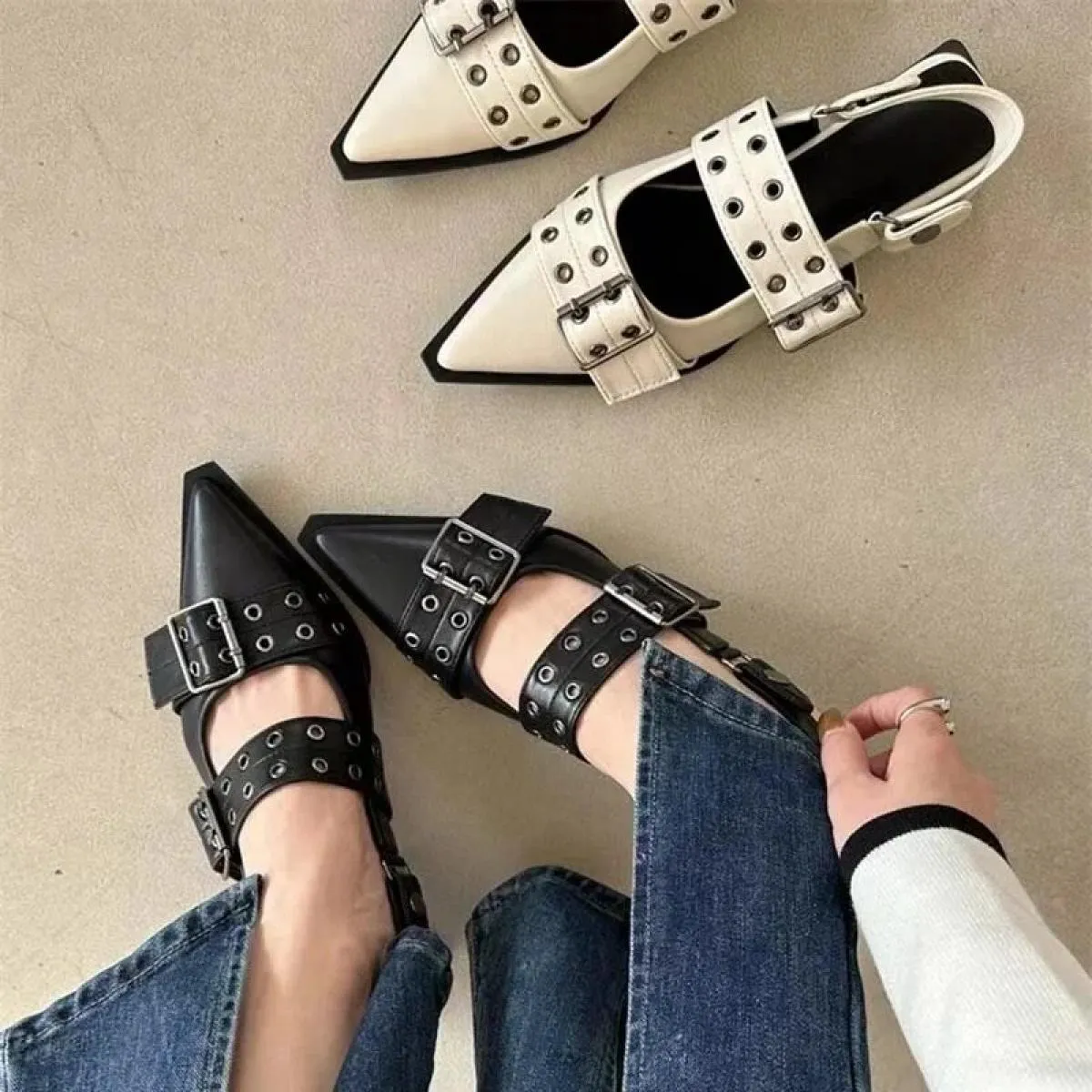 Scarpe con cinturino alla caviglia Tacco grosso gotico Décolleté da donna Rivetto Street Style Tacco medio Punk Sandali casual v
