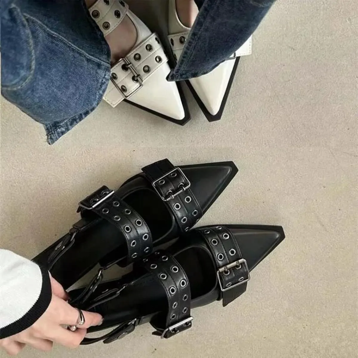 Scarpe con cinturino alla caviglia Tacco grosso gotico Décolleté da donna Rivetto Street Style Tacco medio Punk Sandali casual v