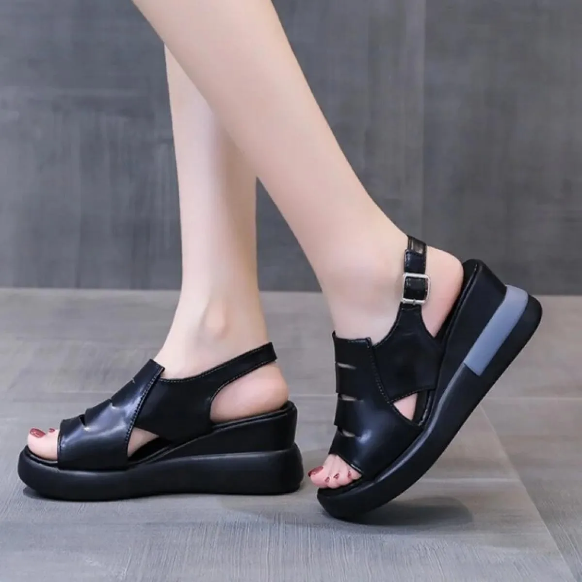 Scarpe con zeppa estive per donna sandali tinta unita punta aperta tacchi alti casual cinturino con fibbia sandali femminili all