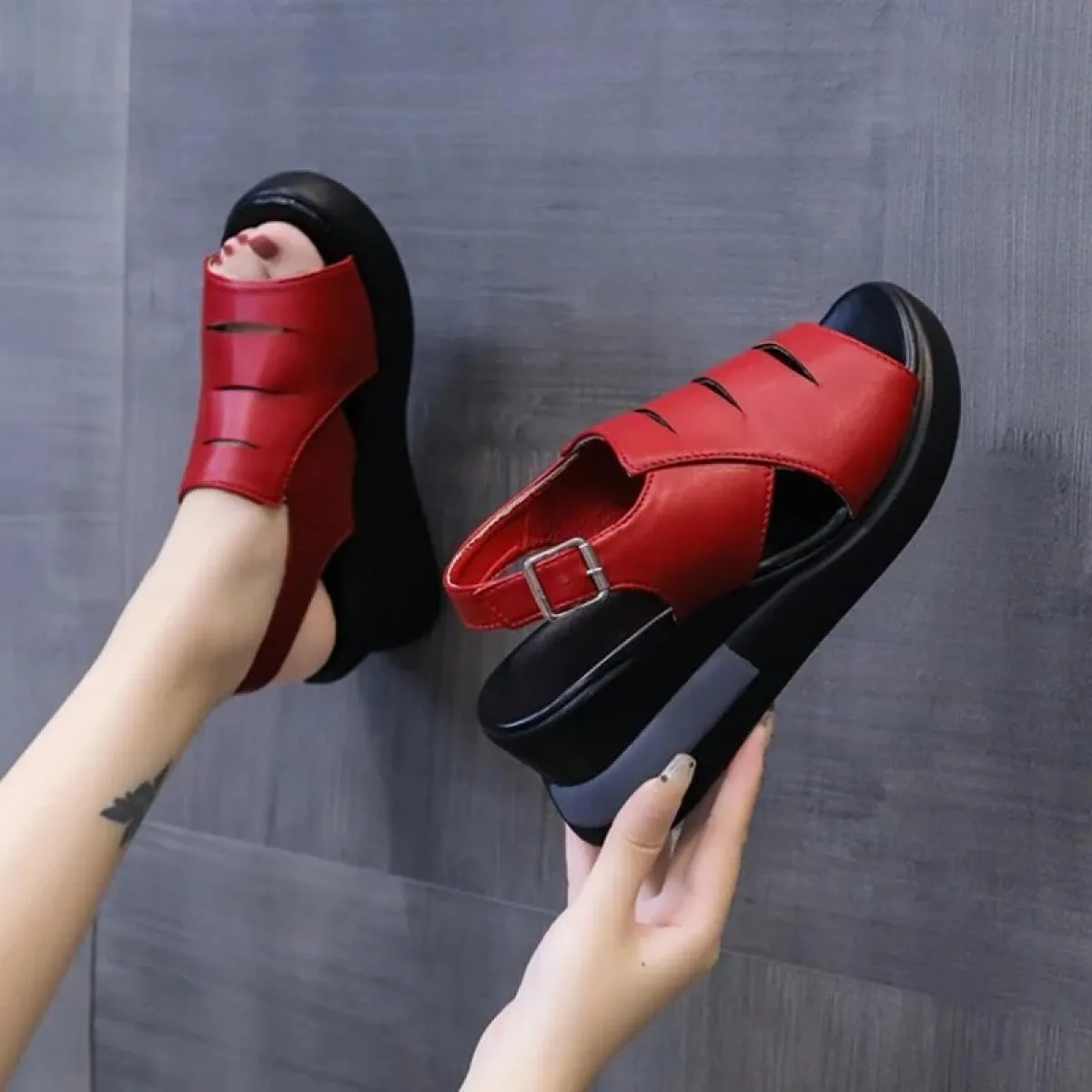 Scarpe con zeppa estive per donna sandali tinta unita punta aperta tacchi alti casual cinturino con fibbia sandali femminili all