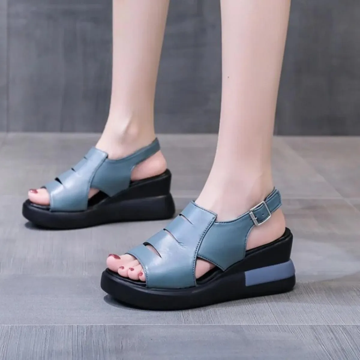 Scarpe con zeppa estive per donna sandali tinta unita punta aperta tacchi alti casual cinturino con fibbia sandali femminili all