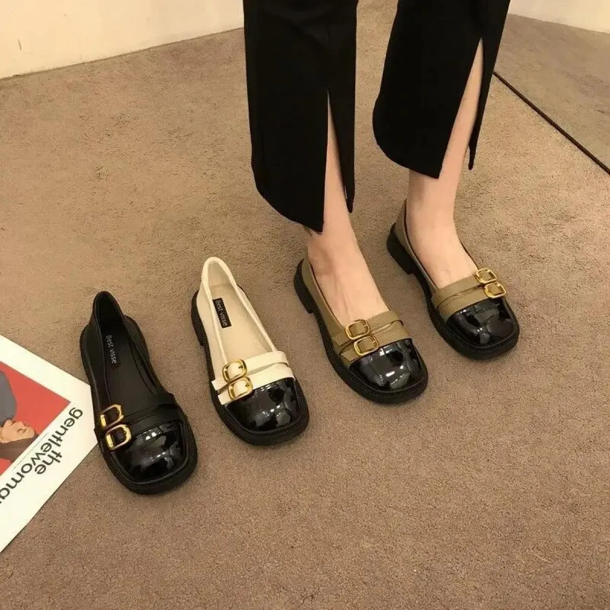 Scarpe stile nero da donna Tacco basso gotico bianco Calzature estive eleganti da donna Punta tonda