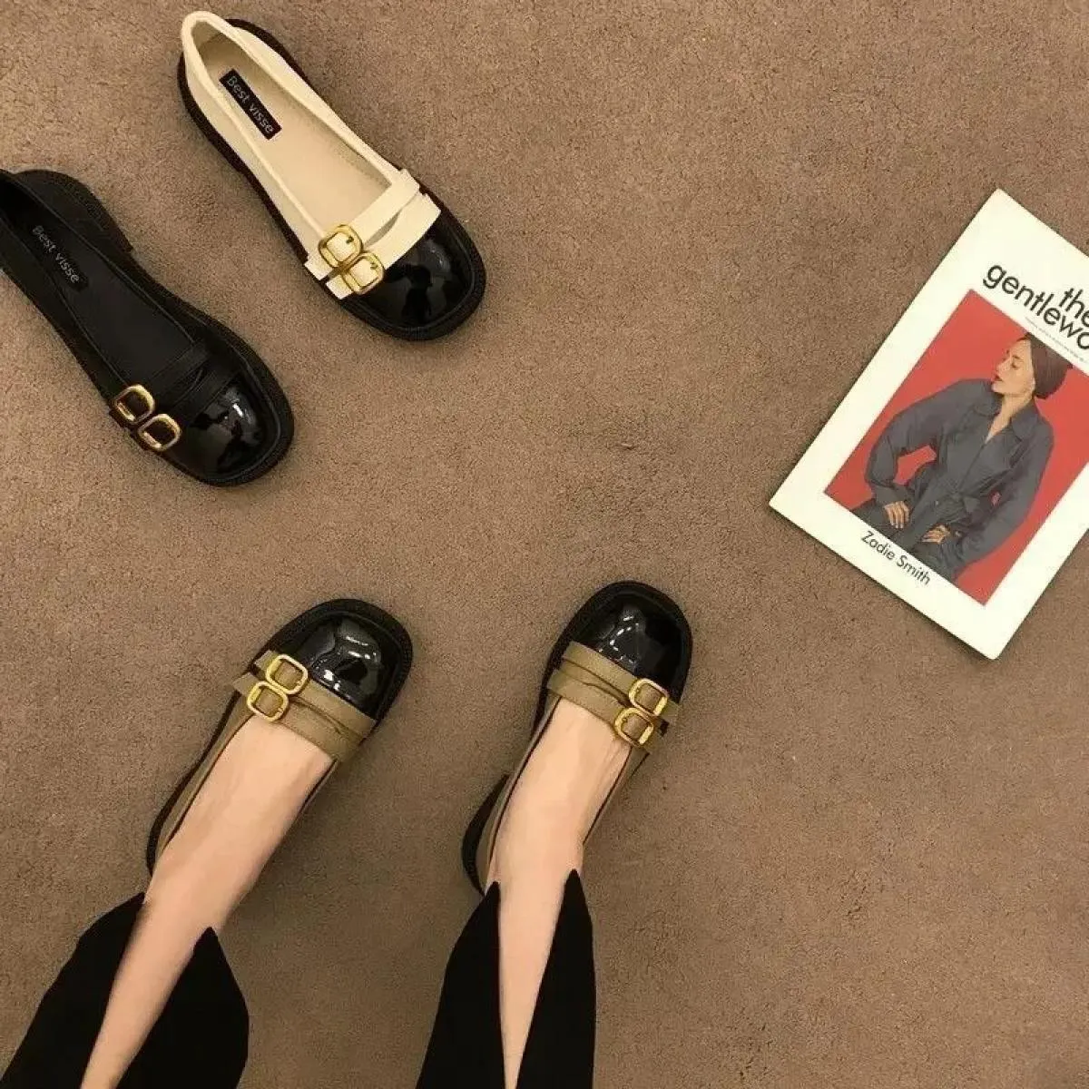 Scarpe stile nero da donna Tacco basso gotico bianco Calzature estive eleganti da donna Punta tonda