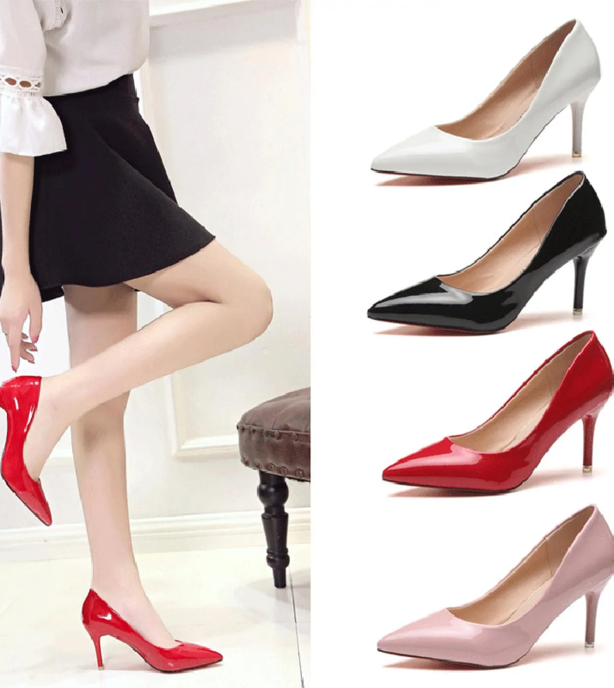 Taglie più grandi 44 Tacchi alti Scarpe eleganti da donna Décolleté in pelle verniciata Scarpe da barca con punta a punta Tacchi