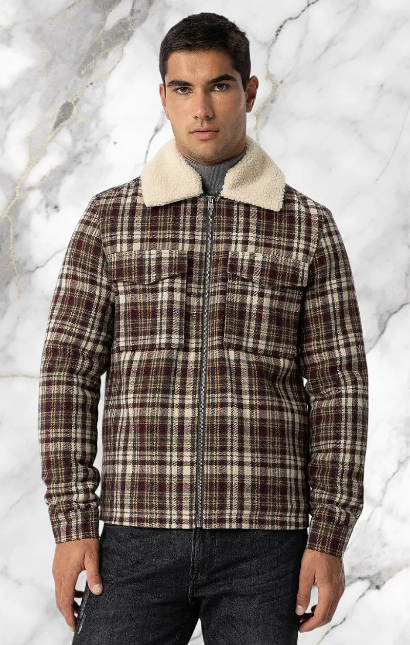 TIFFOSI Giacca a Quadri con Pelliccia - Beige Bordeaux