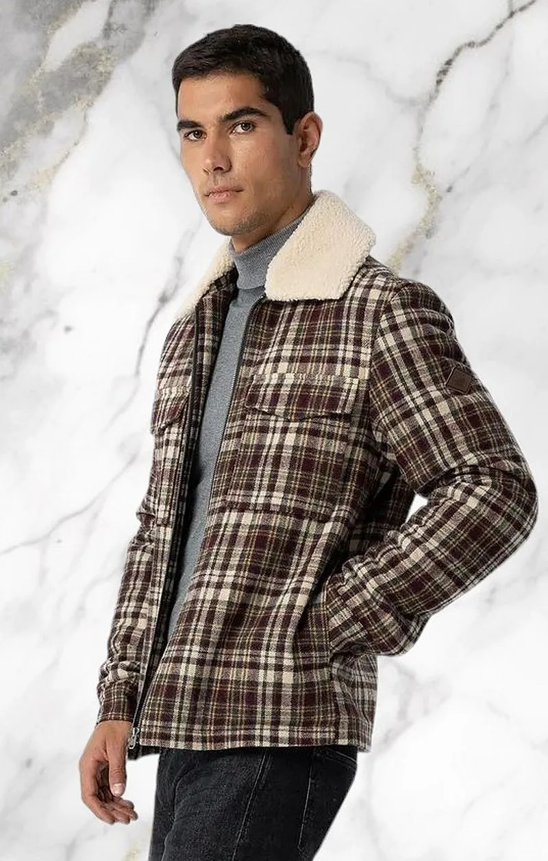 TIFFOSI Giacca a Quadri con Pelliccia - Beige Bordeaux