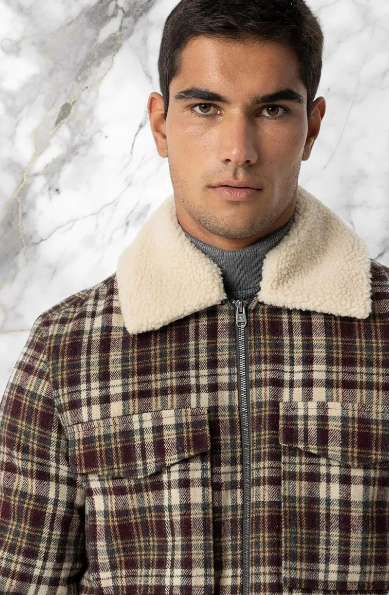 TIFFOSI Giacca a Quadri con Pelliccia - Beige Bordeaux