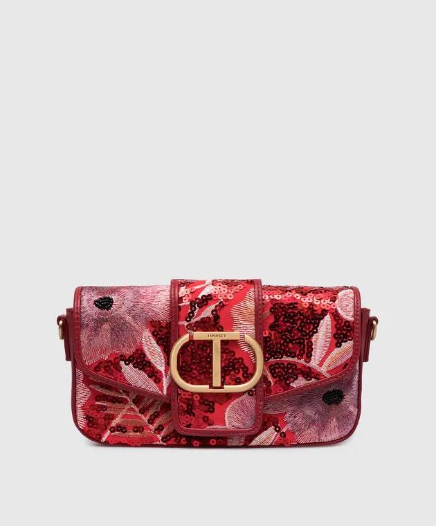 Twinset Borsa baguette Amie di colore rosso con logo in paillettes 242TB7160