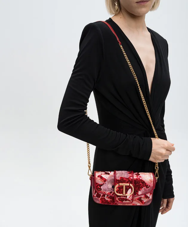 Twinset Borsa baguette Amie di colore rosso con logo in paillettes 242TB7160