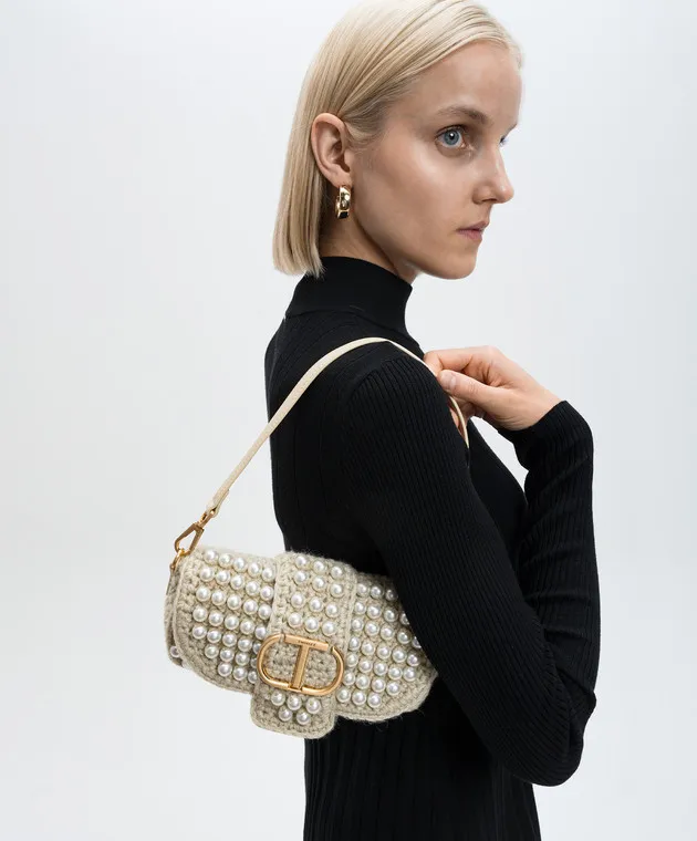 Twinset Borsa baguette Amie in maglia beige con perline 242TB7150